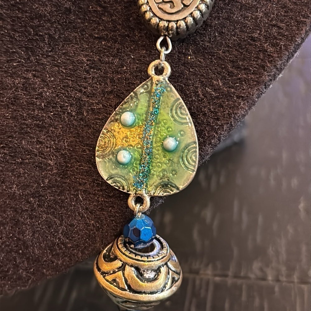 Blue Dichroic Glass Acrylic Stone Silver Beaded Long Enamel Beaded Necklace​ - Picture 4 of 8